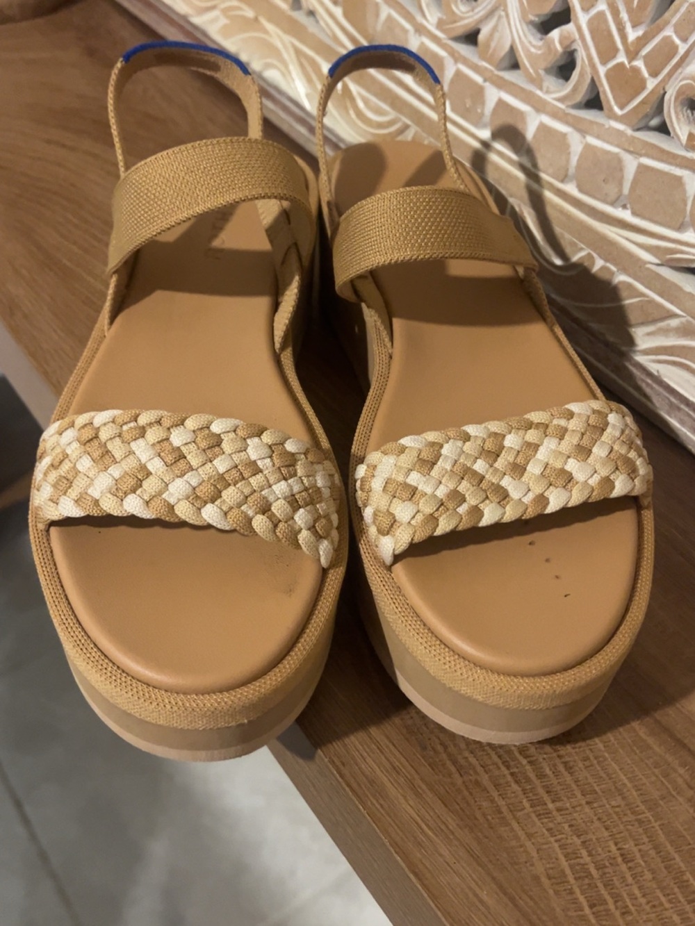 Rothy's Tan and Cream Woven Slingback Sandals with Blue Accent - Picture 2 of 6